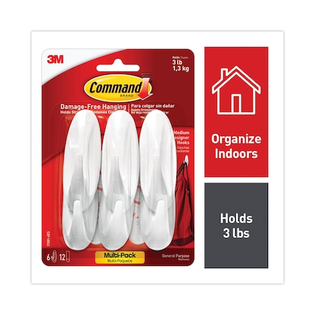 Command Designer Hooks, Plastic, White, 3 lb Cap, 6 Hooks and 12 Strips/Pack 170816ES